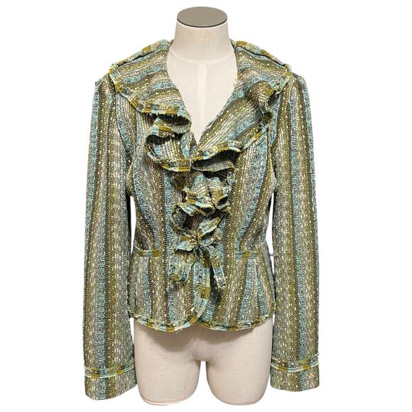 E by ECI Womens Vintage Stripe Ruffle Whimsical Boho Tweed Blazer Sz 10 - Picture 1 of 16